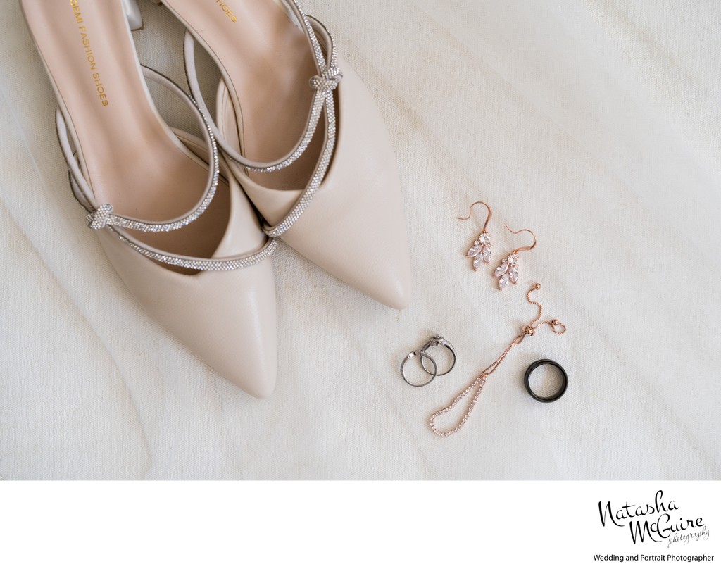 Wedding shoes and jewelry at Stone House of St Charles