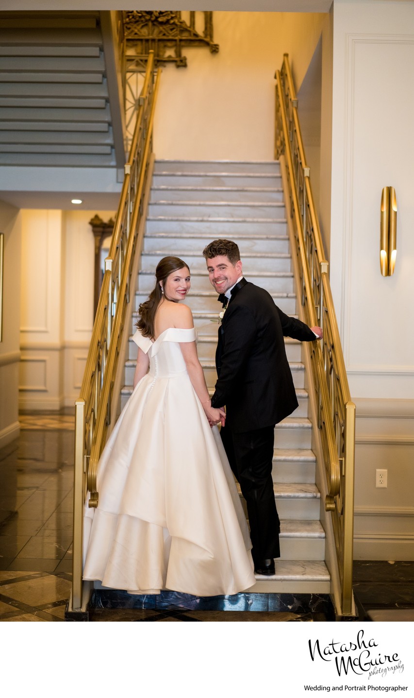 Stairs to mezzanine at Hotel Saint Louis wedding