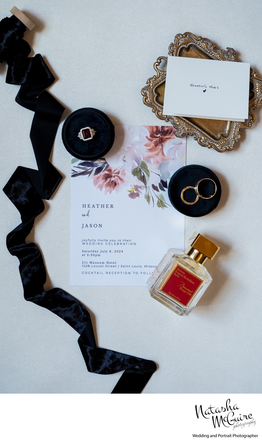 wedding invite with perfume velvet ribbon and ring box