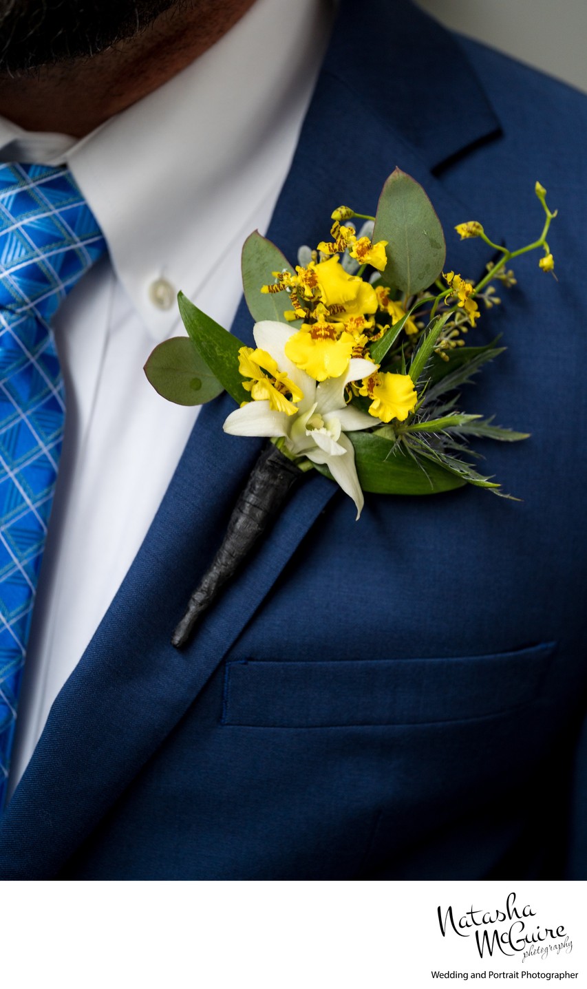 Close up of summer boutonniere by Kirkwood Florist