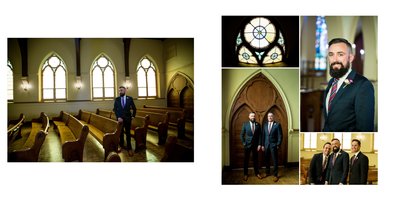 Groom solo photos and with his groomsmen before ceremony at church wedding
