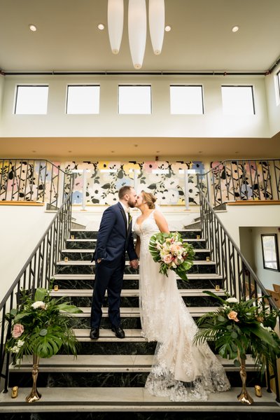 Bride and Groom at Majorette on Staircase
