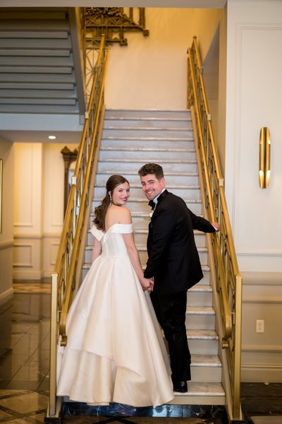 Stairs to mezzanine at Hotel Saint Louis wedding