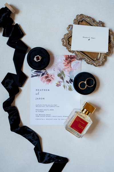 wedding invite with perfume velvet ribbon and ring box