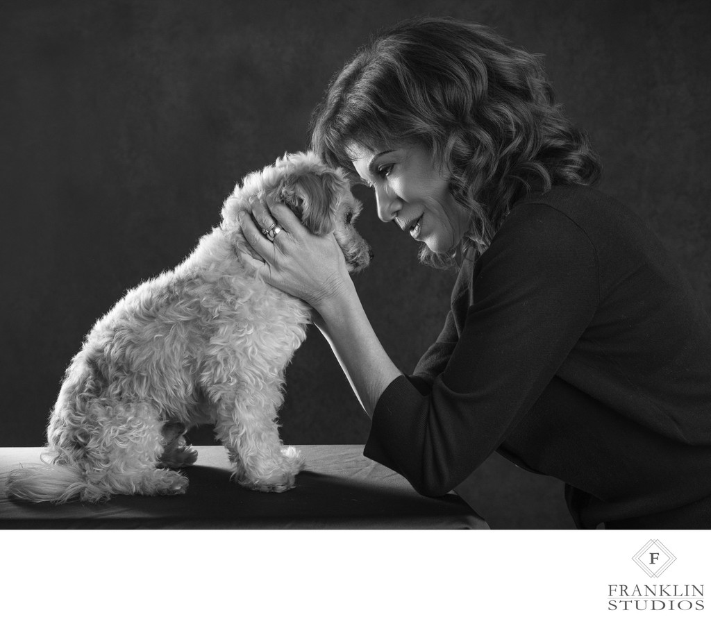 Black and White Portrait of Woman with Her Dog 