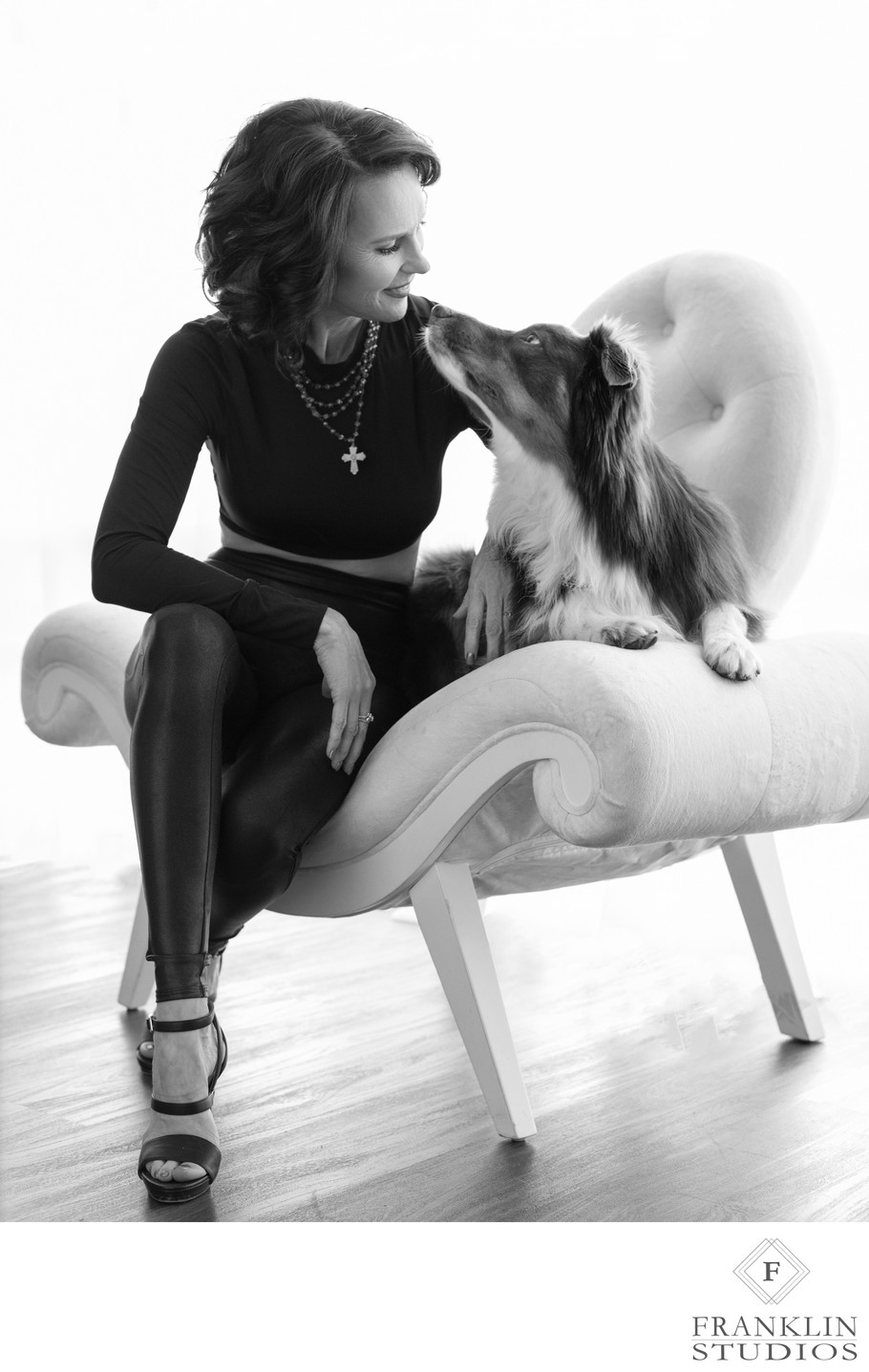 Black and White Woman and Dog Studio Portrait 
