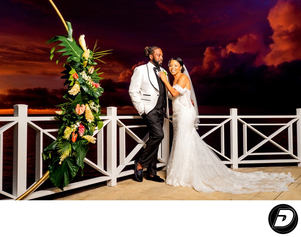 Moon Palace Jamaica Red Sunset wedding Couple Photo.