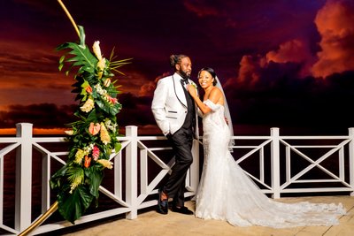Moon Palace Jamaica Red Sunset wedding Couple Photo.