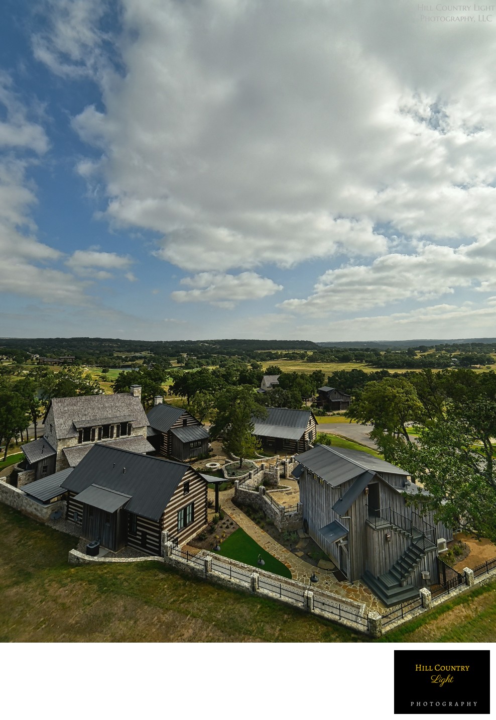 Aerial view of Waldrip Cabin Sunday House at Boot Ranch