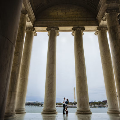 Couple embracing at the Jefferson Memorial