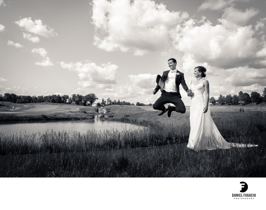 Rivercrest groom and bride portrait jumping