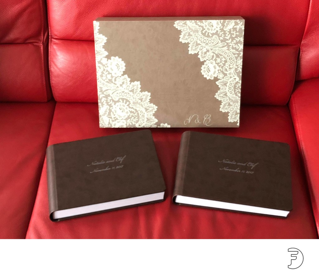 Brown leather wedding album with box made in Italy