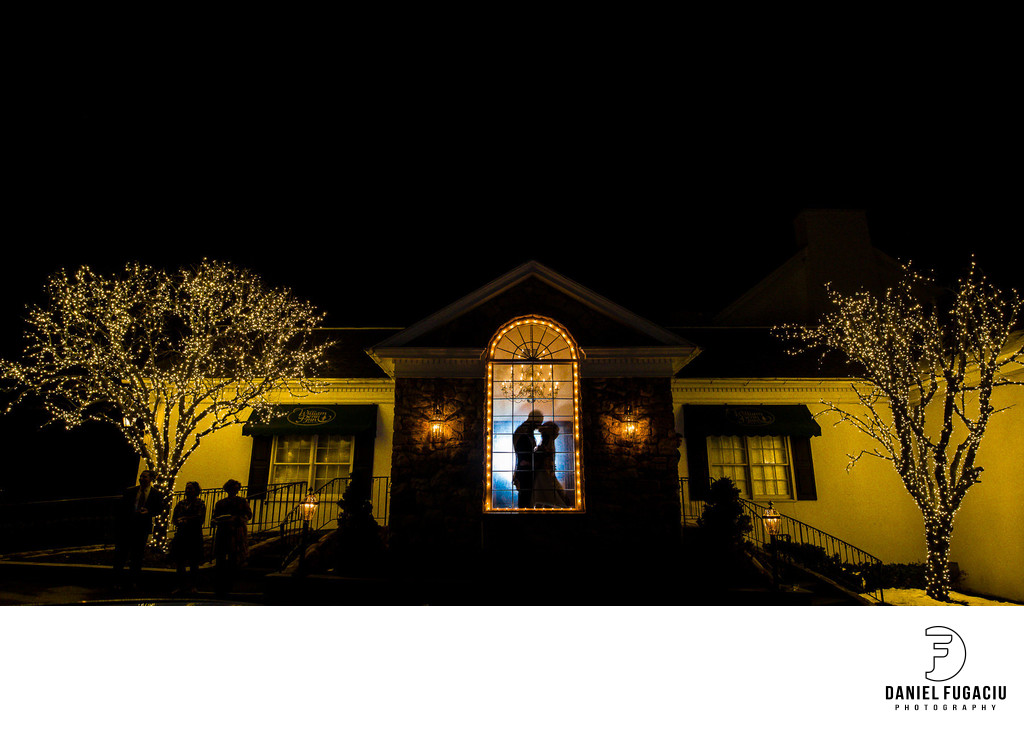 Night photograph of bride and groom at The William Penn Inn