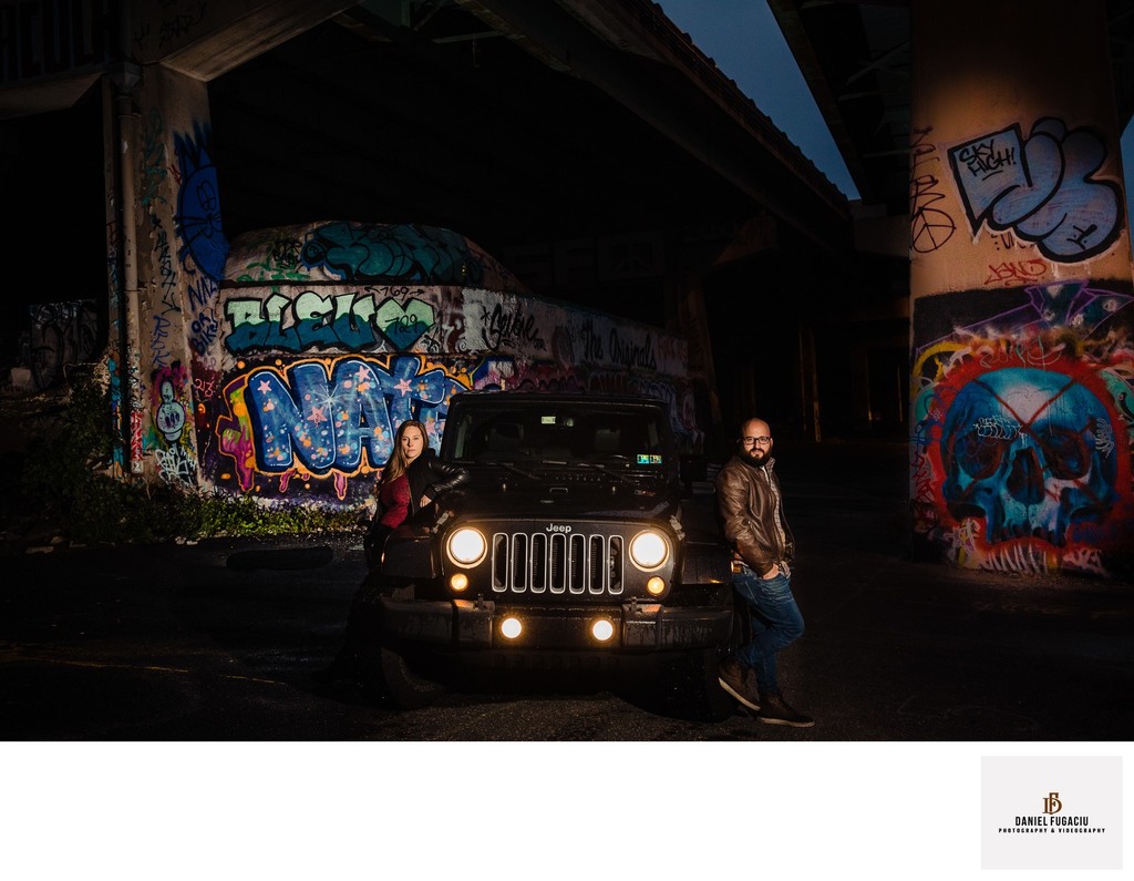 FDR Park Philly Engagement photos with a Jeep