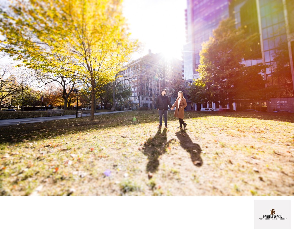 Fall engagement photo captured in Washington Square Park