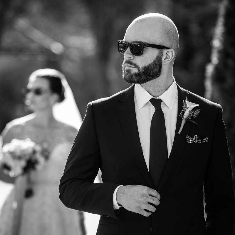 bride groom wearing sunglasses bw