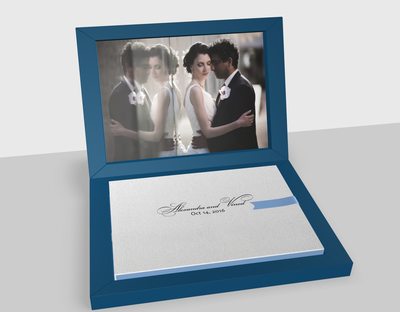 Deep blue leather wedding album made in Italy