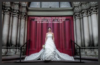 Portrait of bride by church door