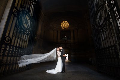 Veil in the wind at Philadelphia City Hall wedding