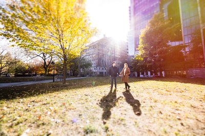 Fall engagement photo captured in Washington Square Park