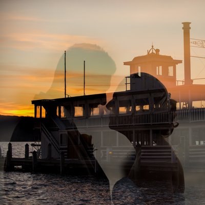 Double Exposure in Camera of Bride and Groom at Sunset on Pier