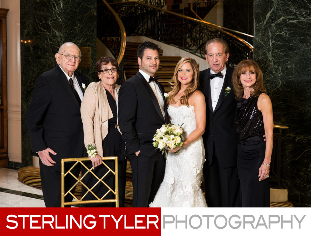 wedding family portrait beverly wilshire hotel staircase