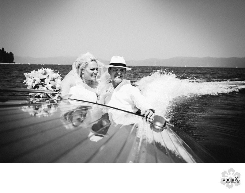 Bride and Groom in family Vintage Boat 