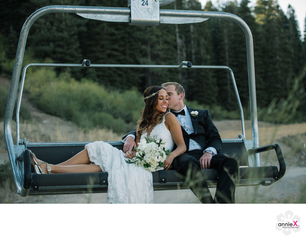 Newlyweds on Chairlift at the Ritz Carlton Tahoe