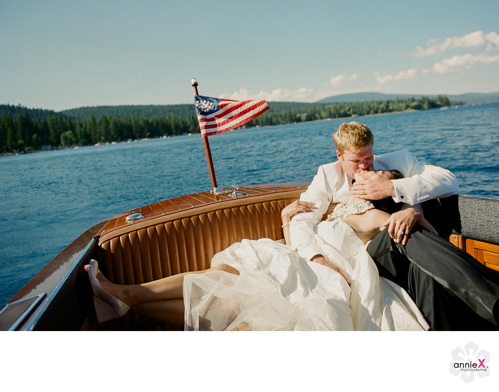 Lake Tahoe Wedding Photographer on Woody boat
