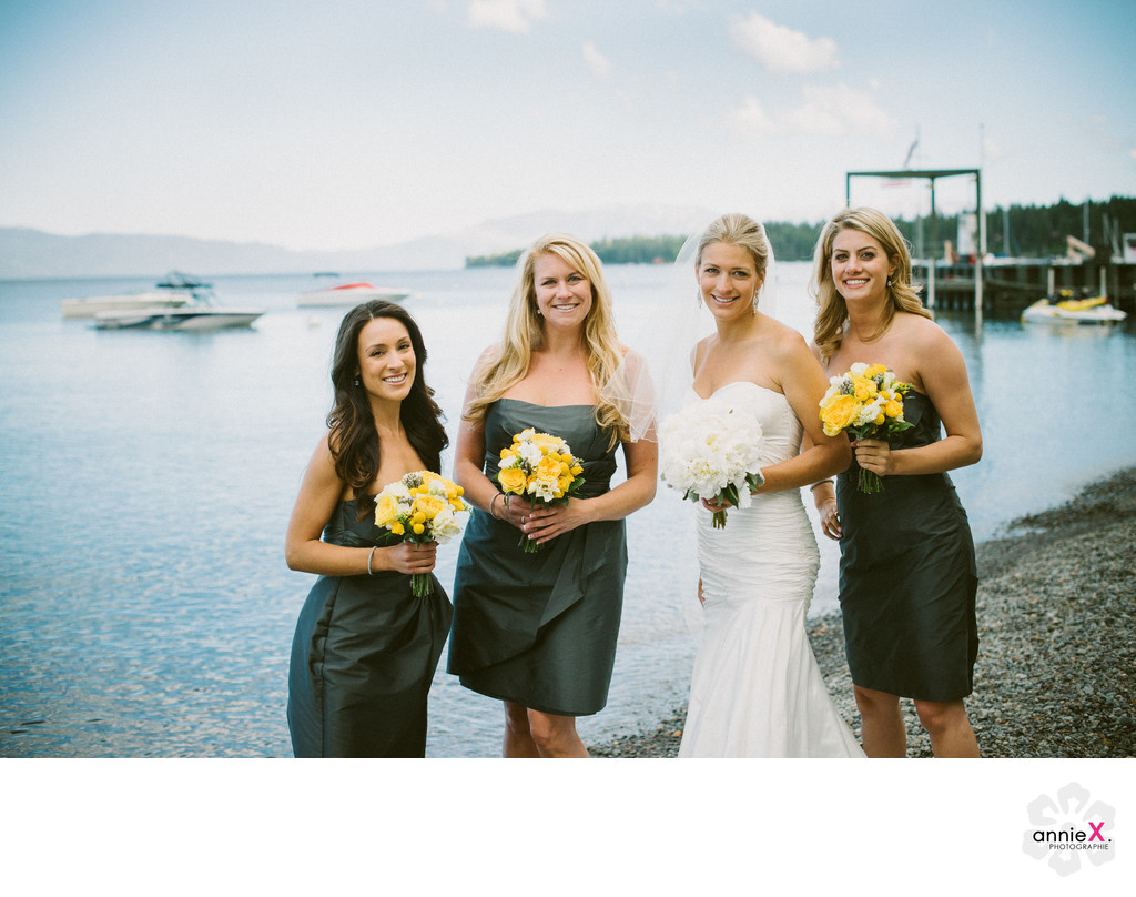 Bride and bridesmaids at West Shore cafe in Lake Tahoe