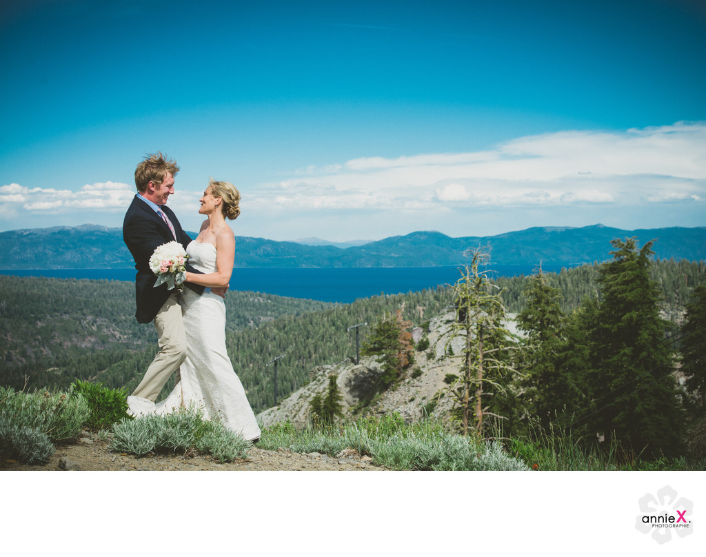 top of mountain wedding  image with view of Lake Tahoe