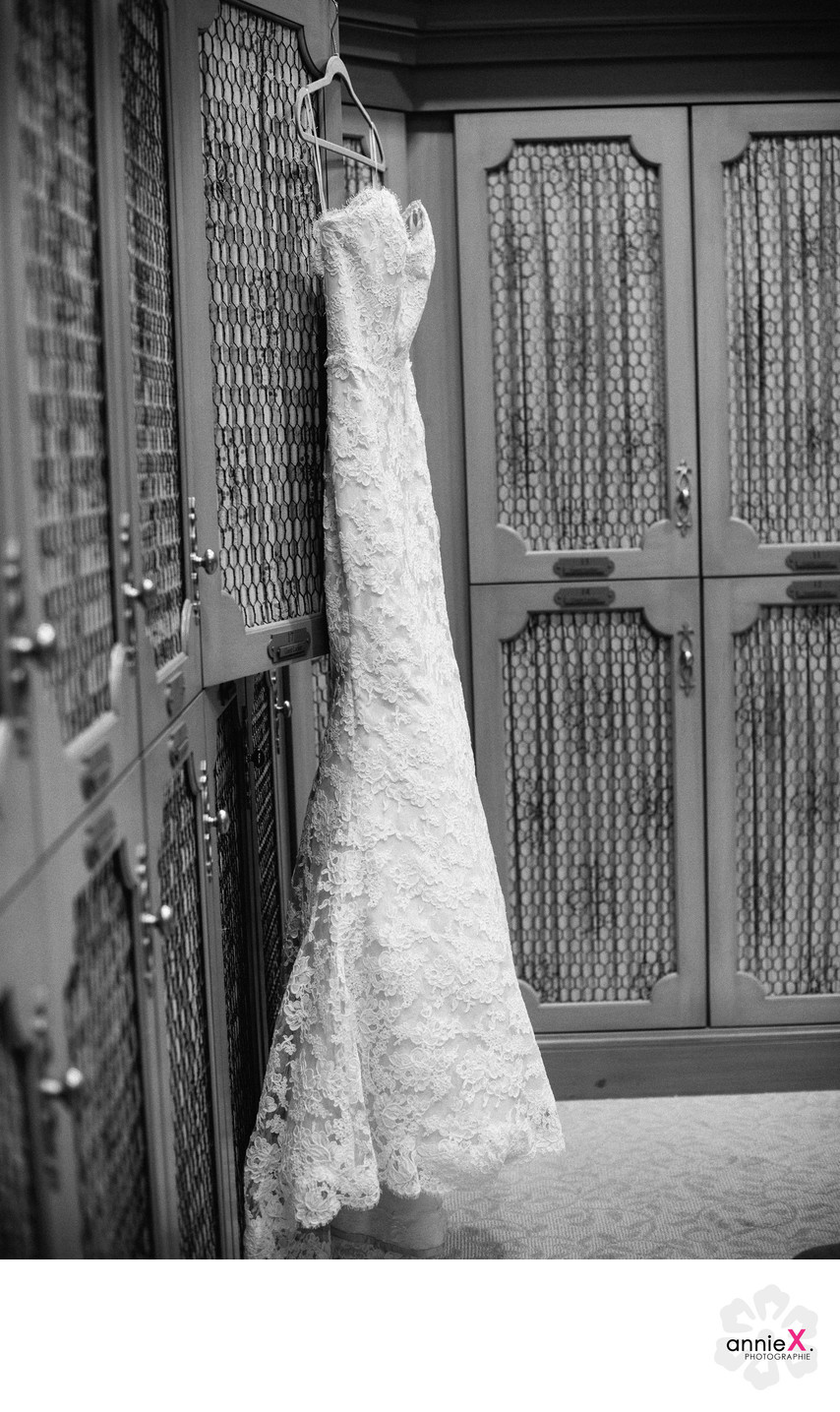wedding dress in locker room of Martis Camp in Truckee