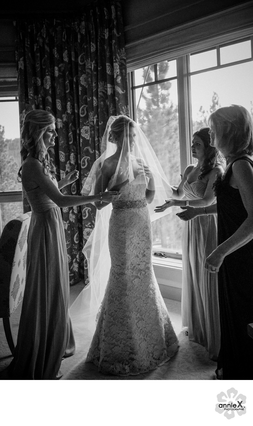 bride and sisters final touches at Martis Camp Lodge