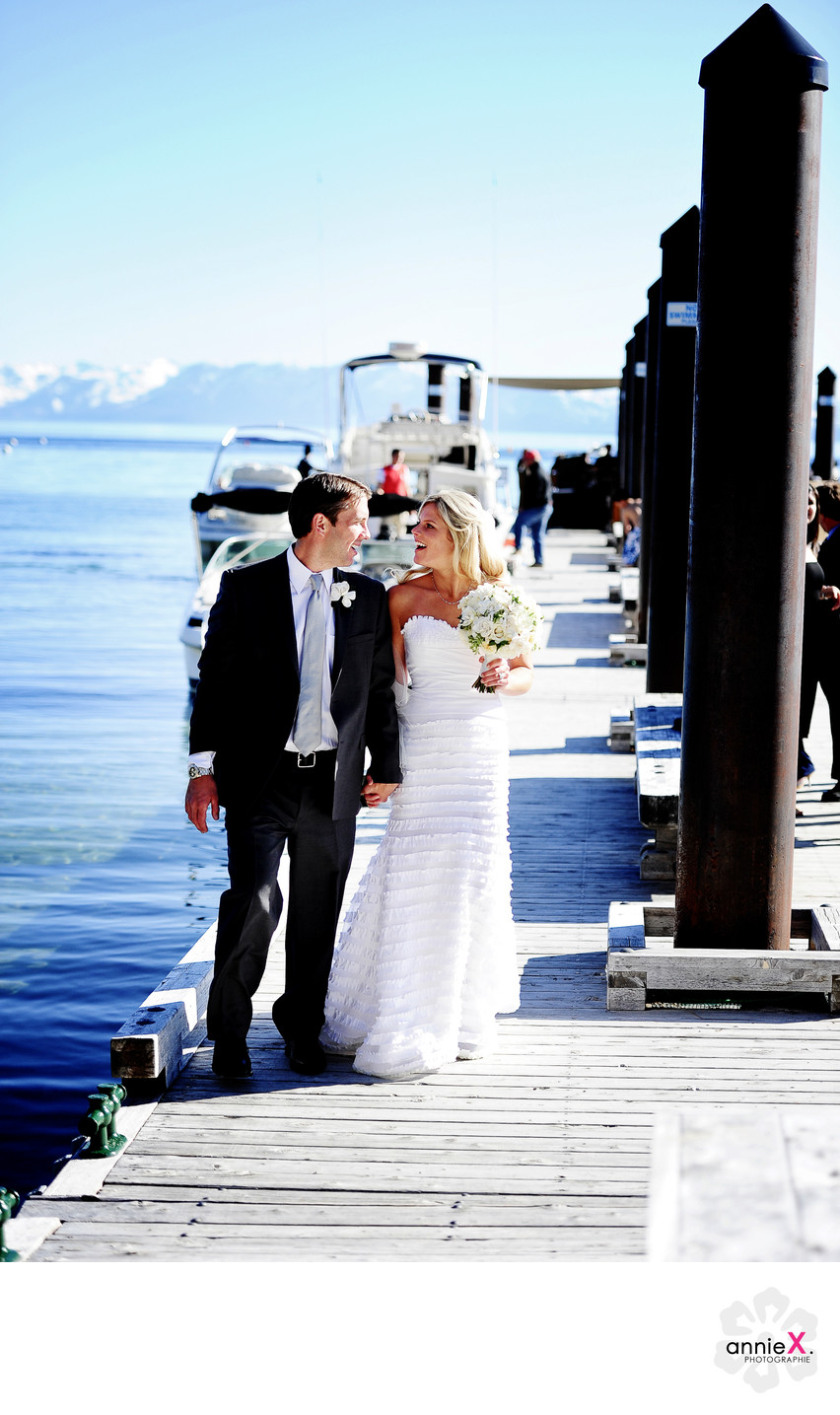 Bride and groom on Hyatt pier Lake Tahoe