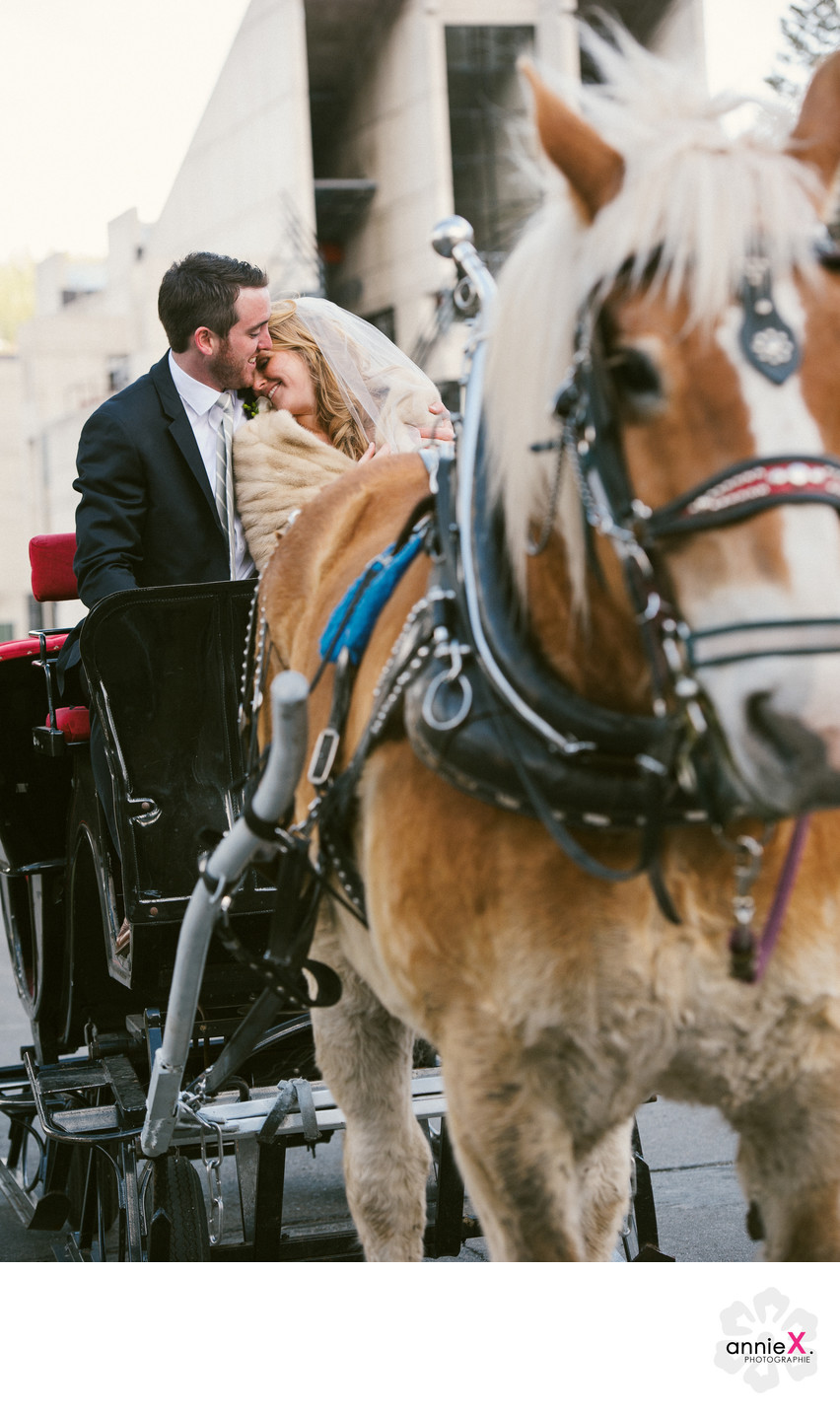 PlumpJack wedding couple in horse carriage