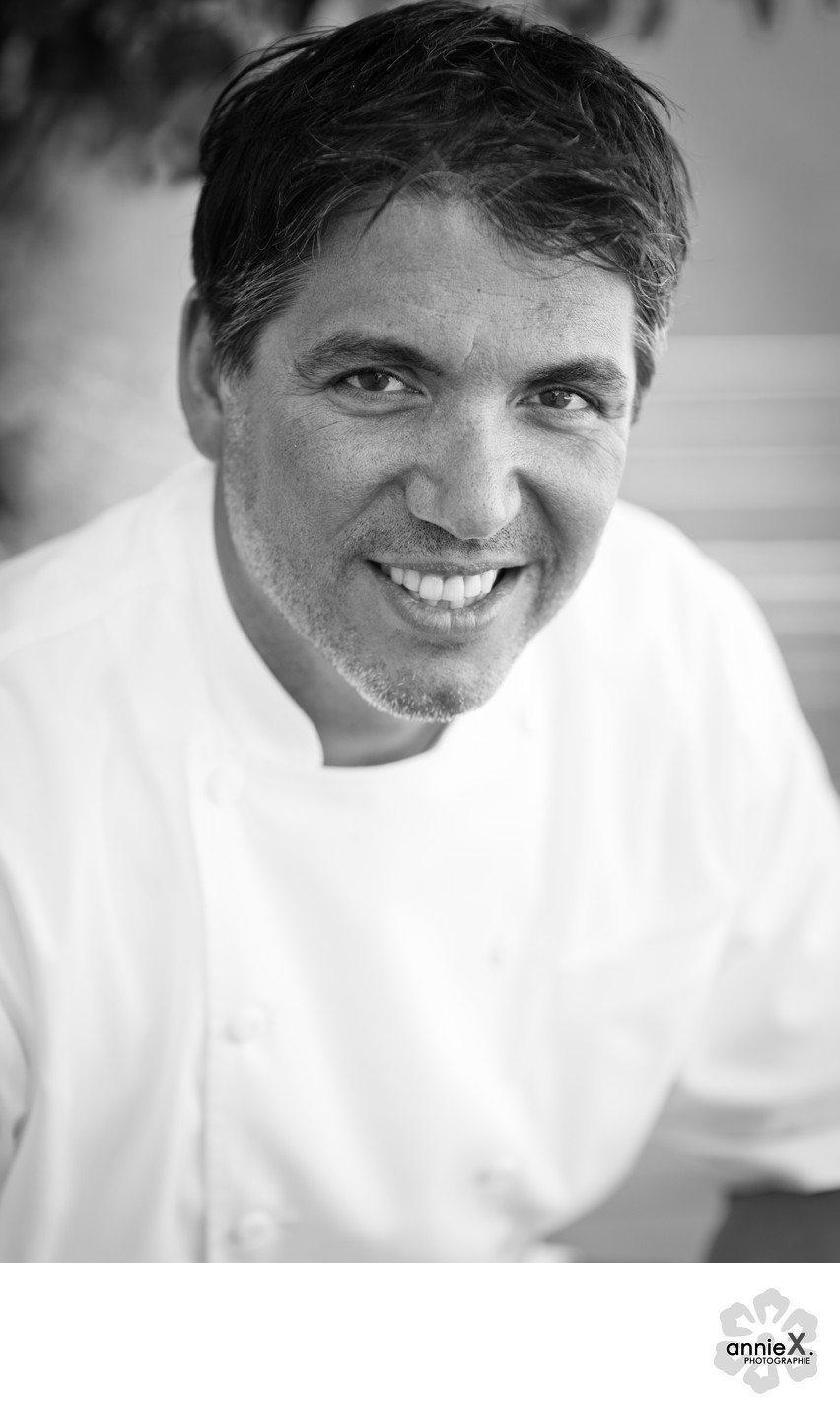 Headshot of chef in black and white in Reno