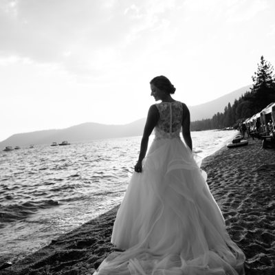 Black White of bride on beach