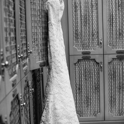 wedding dress in locker room of Martis Camp in Truckee