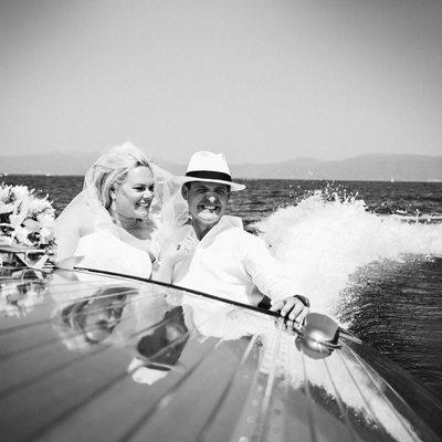 Bride and Groom in family Vintage Boat 