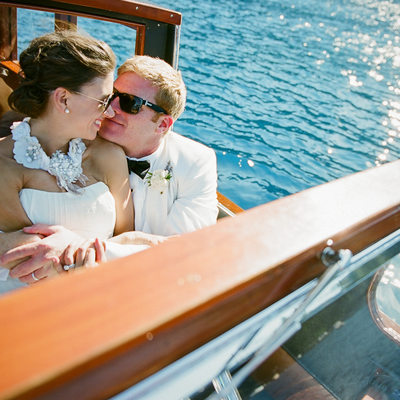 Bride and Groom on vintage boat