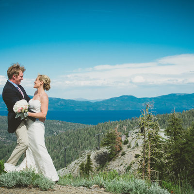 top of mountain wedding  image with view of Lake Tahoe