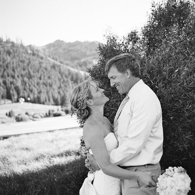 Black and white film image of couple in Tahoe