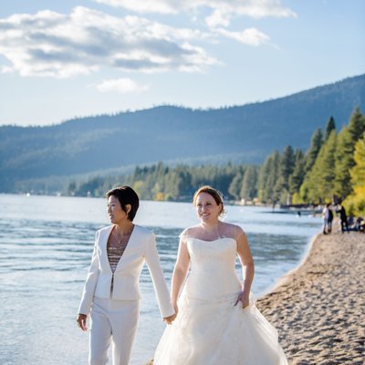 two brides on beach at Tahoe