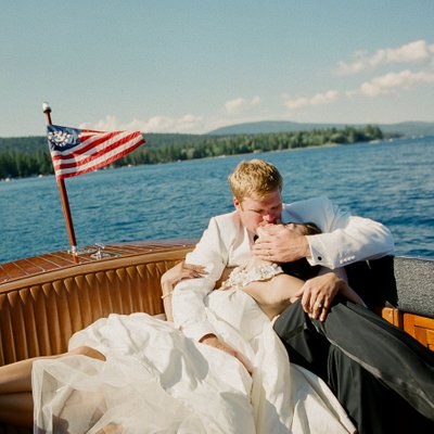 Lake Tahoe Wedding Photographer on Woody boat
