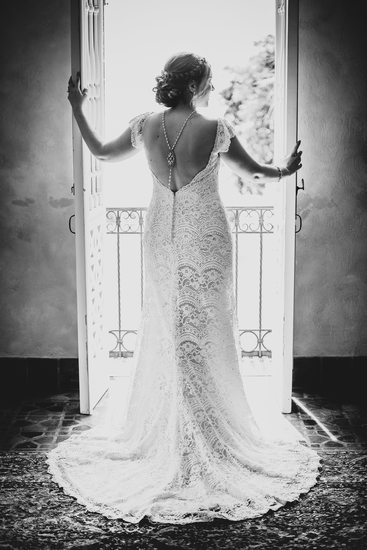 black white bride portrait details back wedding dress