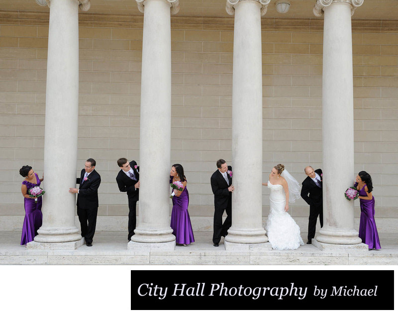 San Francisco wedding party peeking 