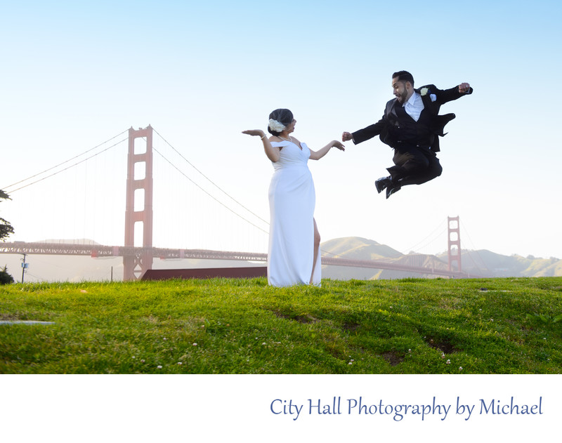 Groom Appears to Jump over the Golden Gate Bridge in San Francisco