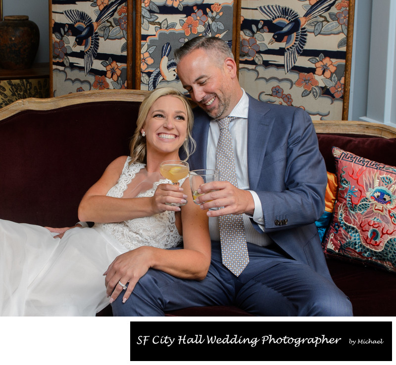 Bride and Groom Cheers at North Beach Wedding Reception