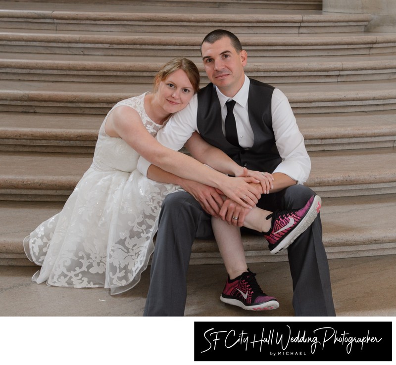 German San Francisco City Hall Bride with Red Tennis shoes.