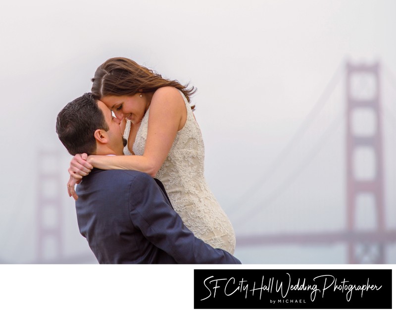 Fog covered Golden Gate bride wedding photography